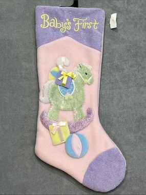 Baby’s First Christmas Stocking Pastel Rocking Horse Pink Purple 20” Vintage